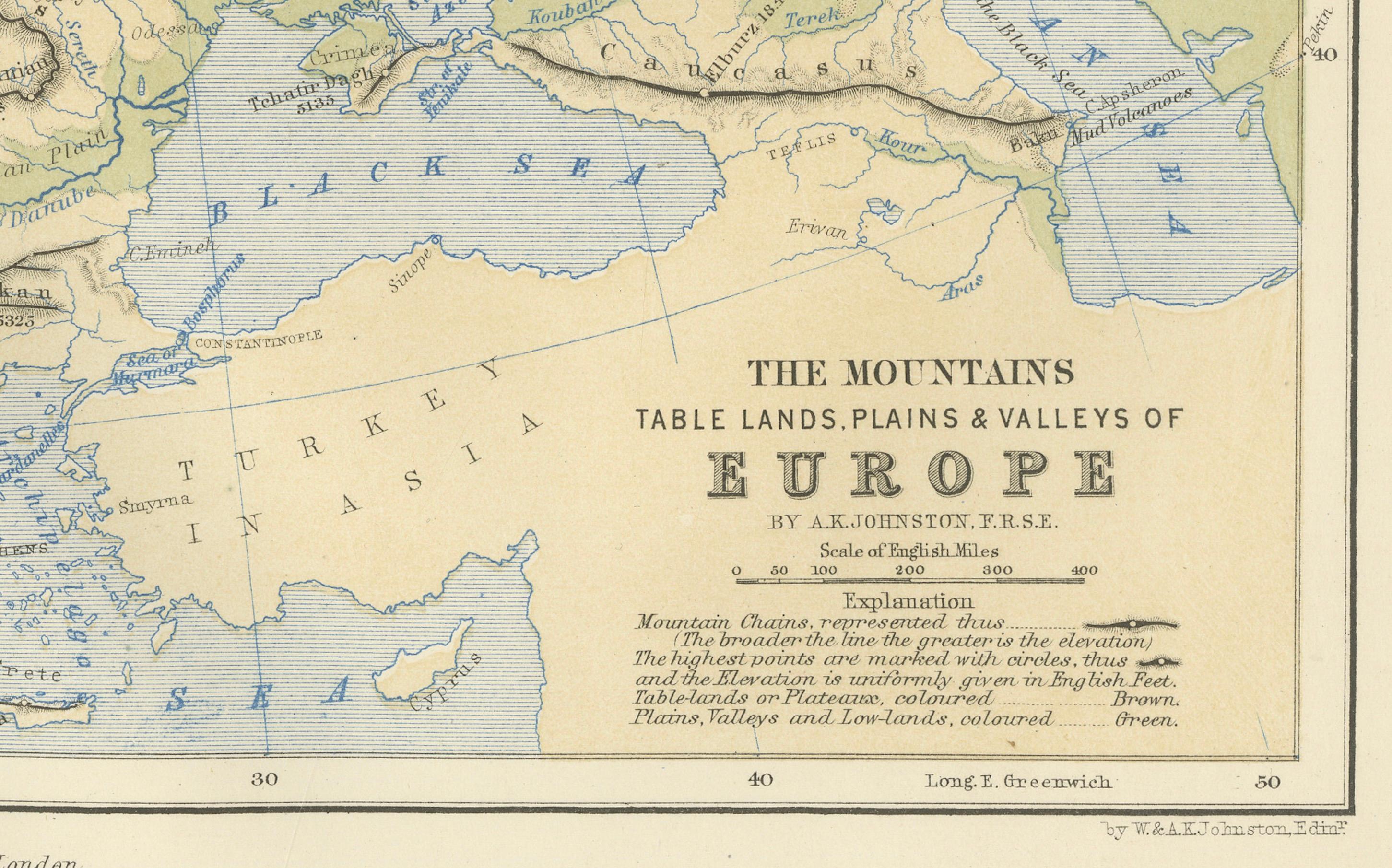 Geological Map of Europe by A.K. Johnston – Mountains and Valleys 1852 For Sale 1
