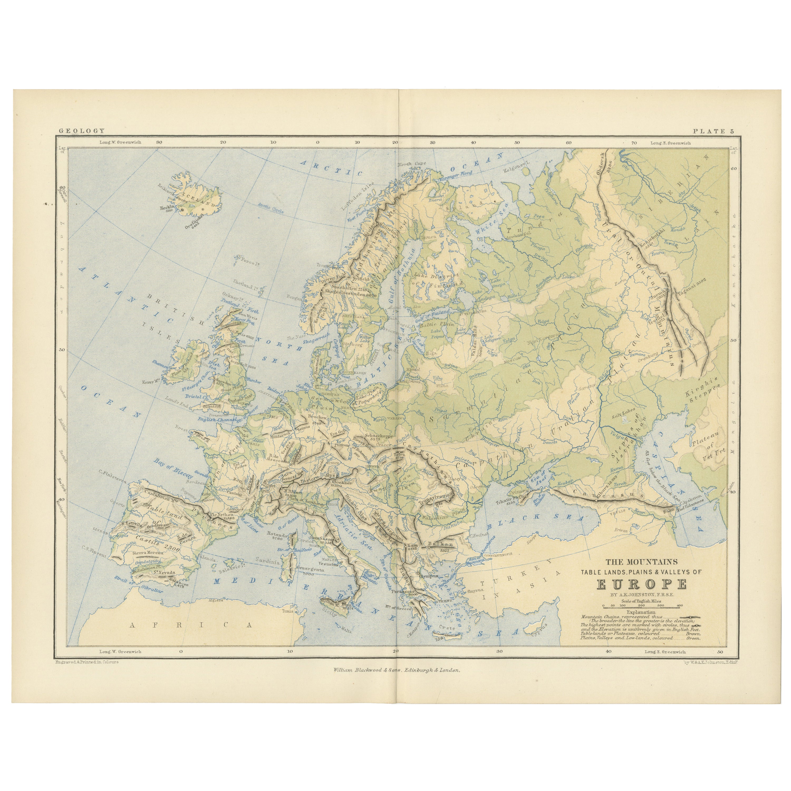 Geological Map of Europe by A.K. Johnston – Mountains and Valleys 1852