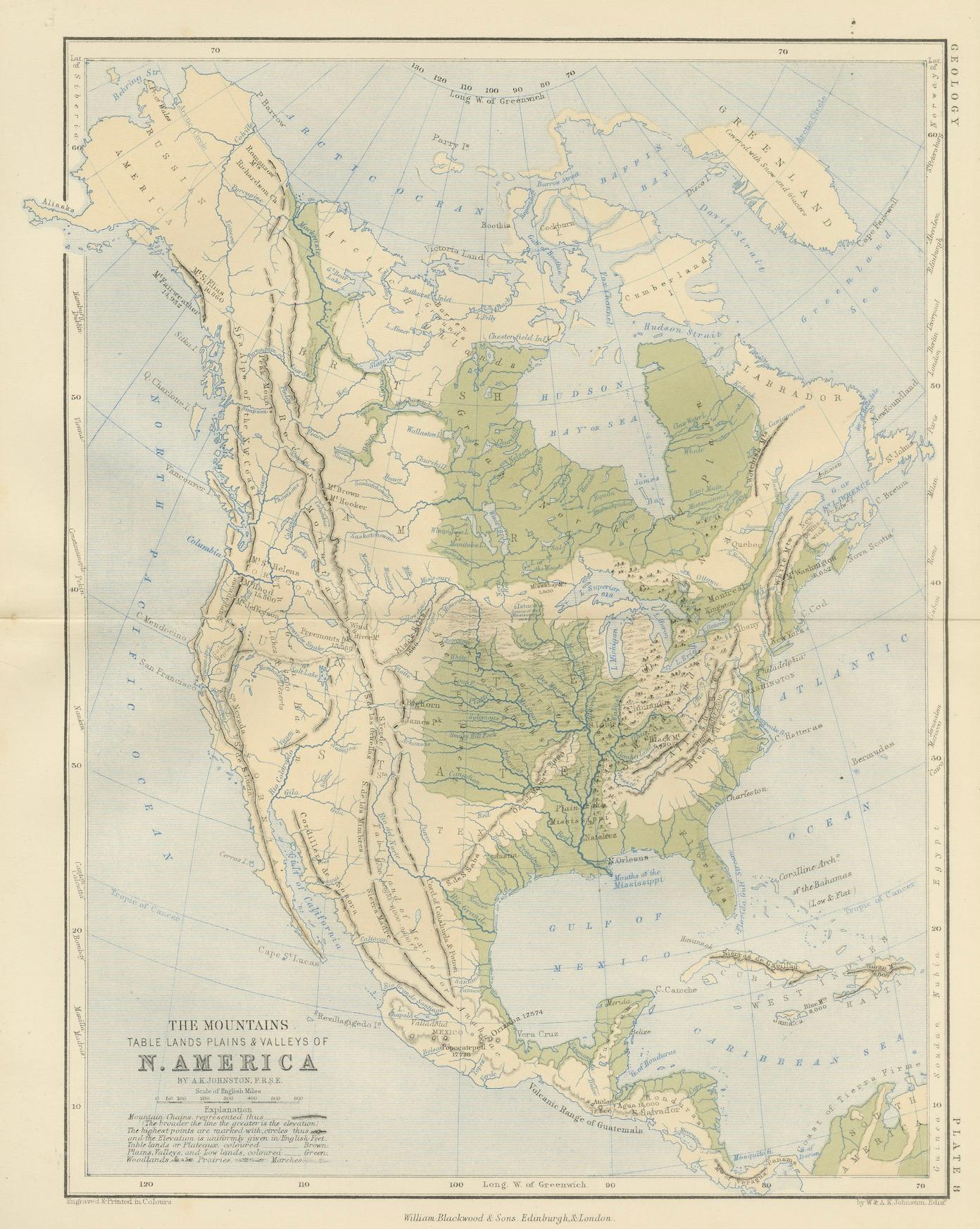 Geological Map of North America by A.K. Johnston – Mountains and Valleys 1852 For Sale 5