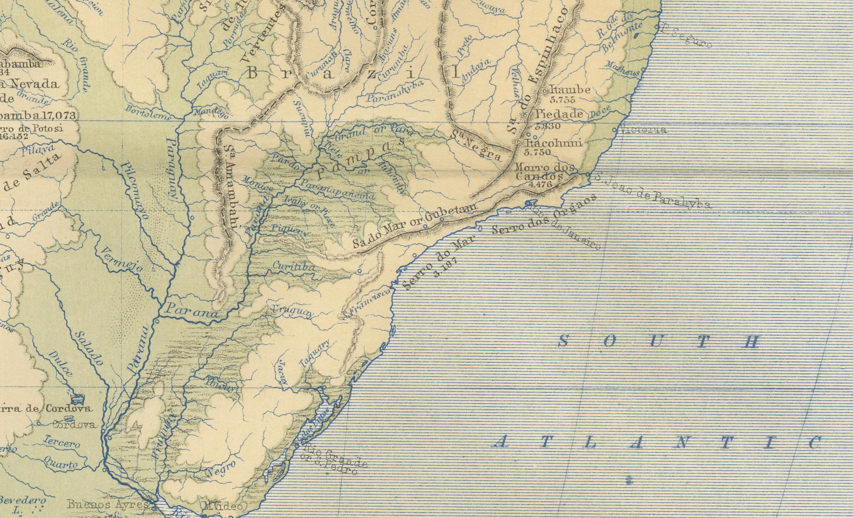 Scottish Geological Map of South America by A.K. Johnston – Mountains and Valleys 1852 For Sale