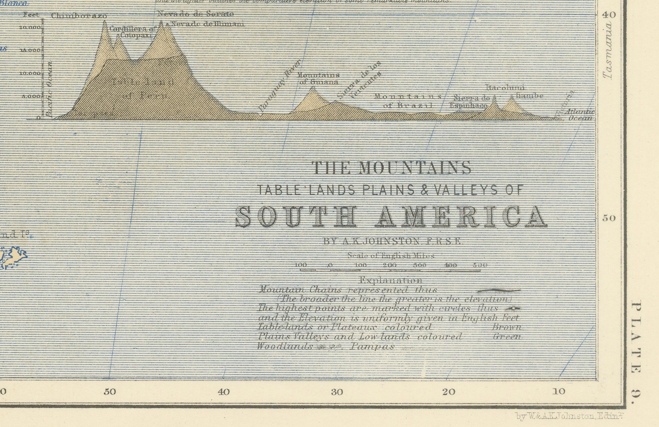 19th Century Geological Map of South America by A.K. Johnston – Mountains and Valleys 1852 For Sale