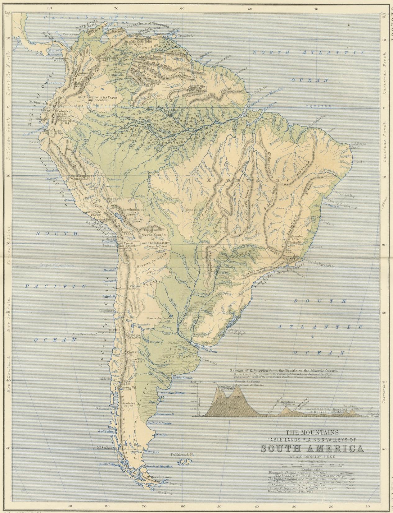 Geological Map of South America by A.K. Johnston – Mountains and Valleys 1852 For Sale 2
