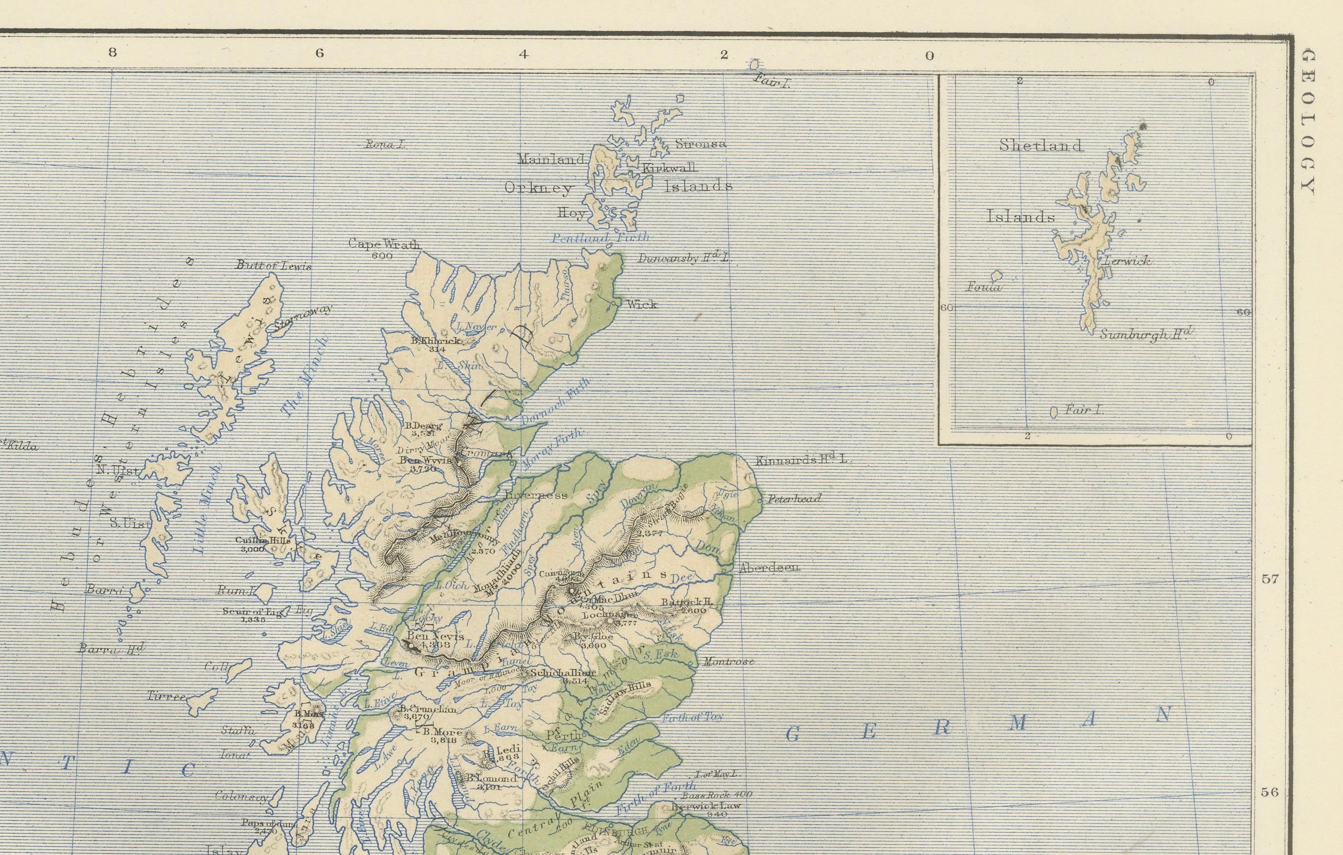 19th Century Geological Map of the British Isles by A.K. Johnston – Highlands & Valleys 1852 For Sale