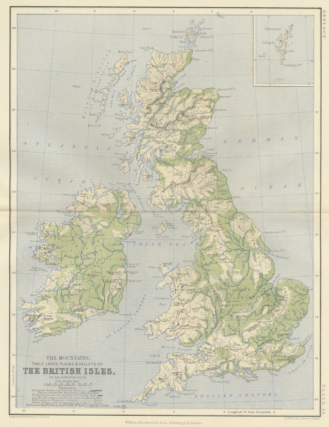 Paper Geological Map of the British Isles by A.K. Johnston – Highlands & Valleys 1852 For Sale