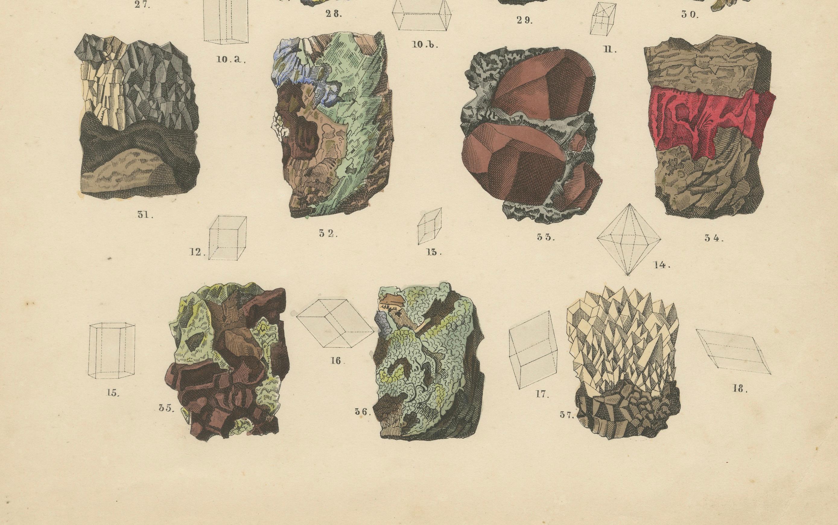 Geology Print of Mineral Forms and Crystal Structures by T Bromme c1865

This striking 19th-century hand-colored lithograph was published circa 1865 by Traugott Bromme, a renowned German geographer and educator, as part of his ambitious
