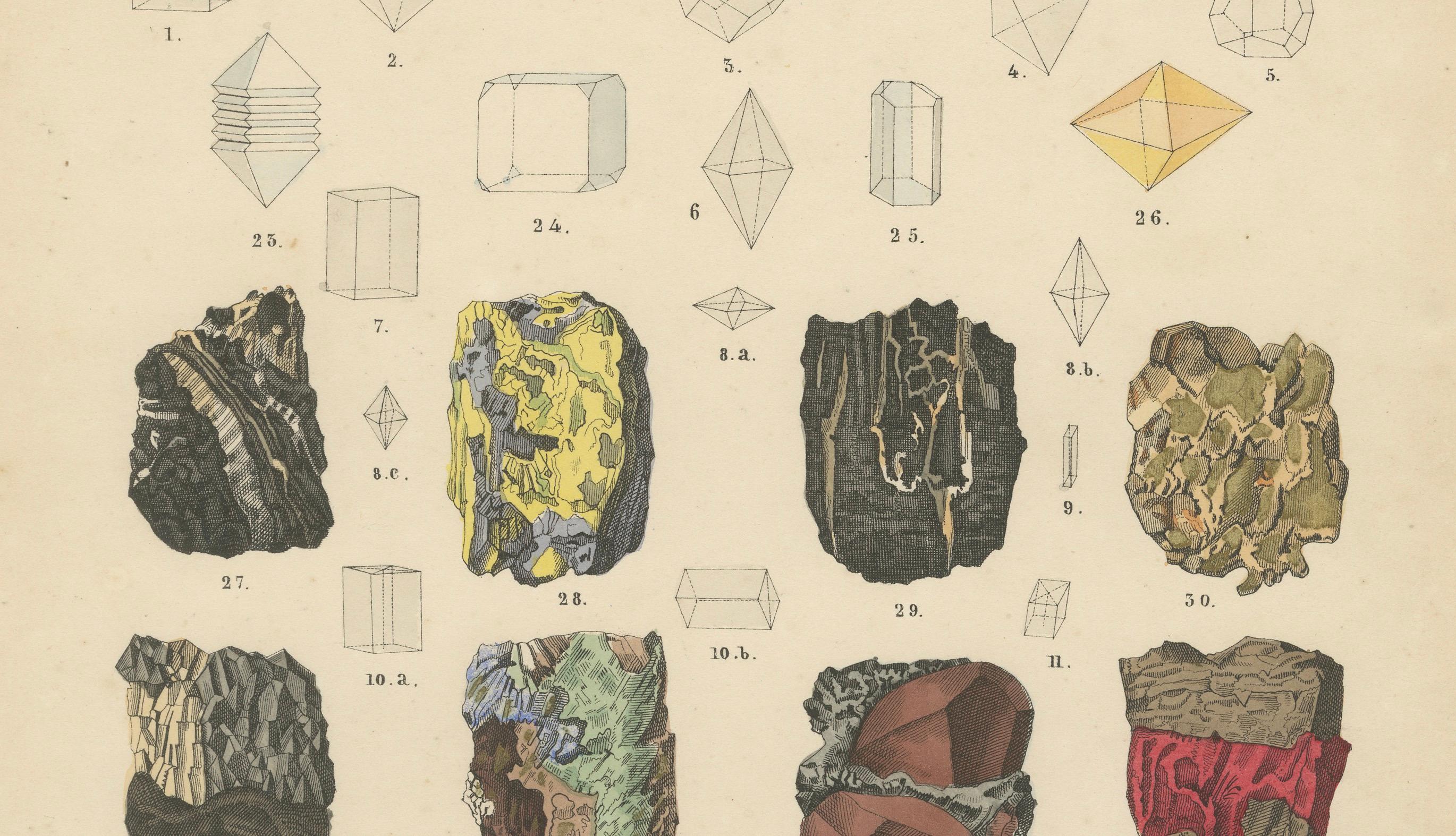 Allemand Geology Print of Mineral Forms and Crystal Structures by T Bromme c1865 en vente
