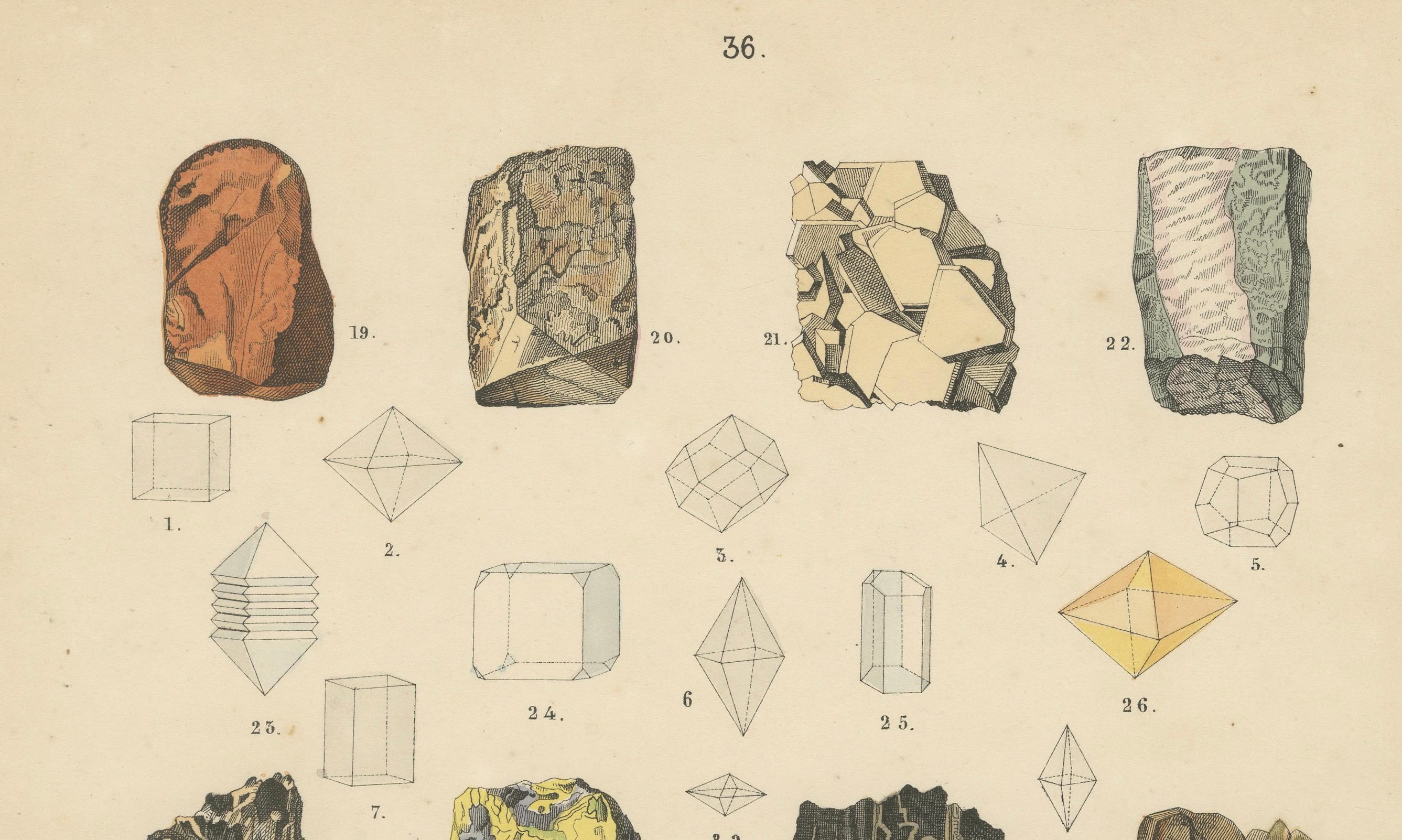 Geology Print of Mineral Forms and Crystal Structures by T Bromme c1865 Bon état - En vente à Langweer, NL