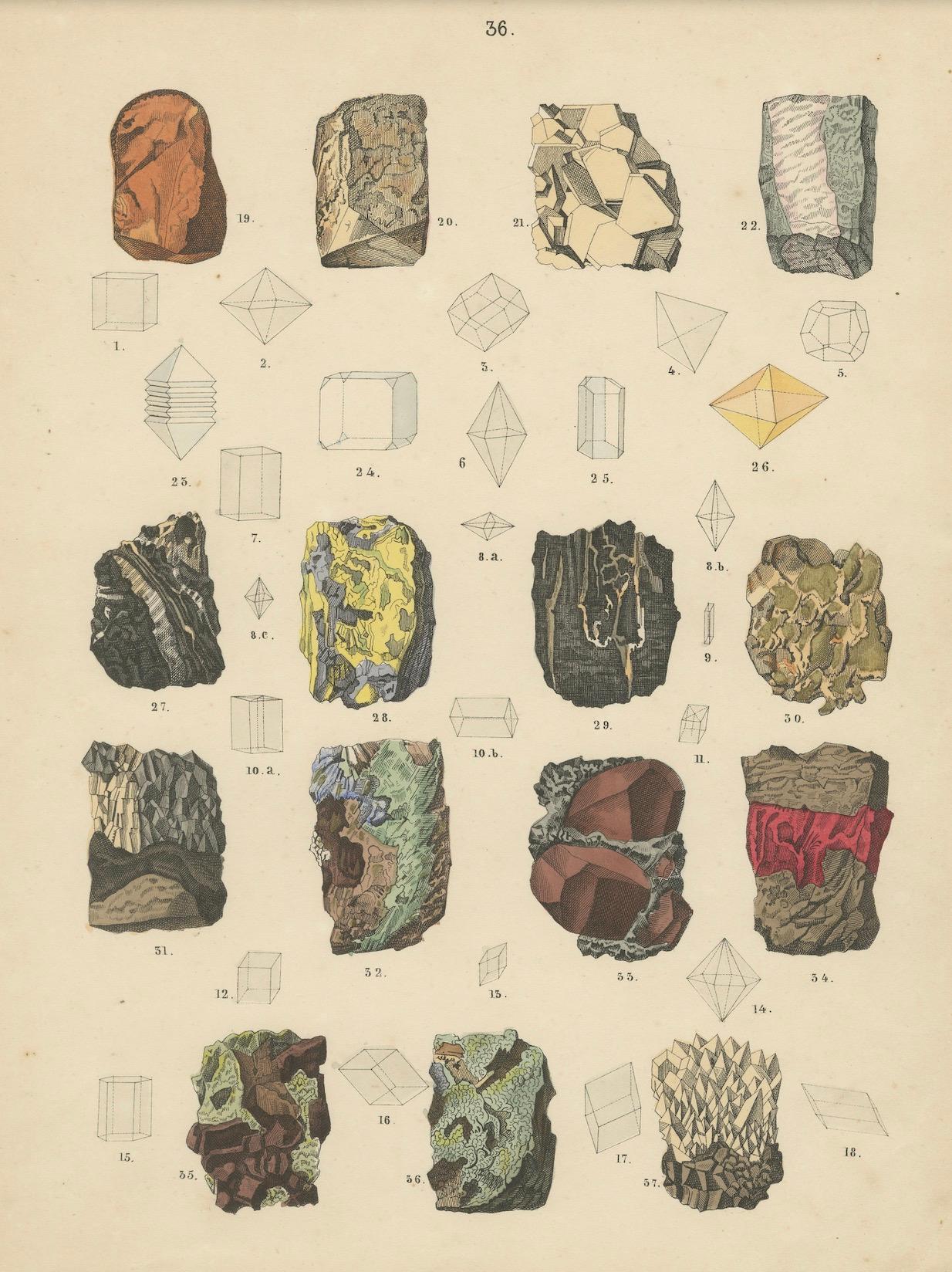 Milieu du XIXe siècle Geology Print of Mineral Forms and Crystal Structures by T Bromme c1865 en vente