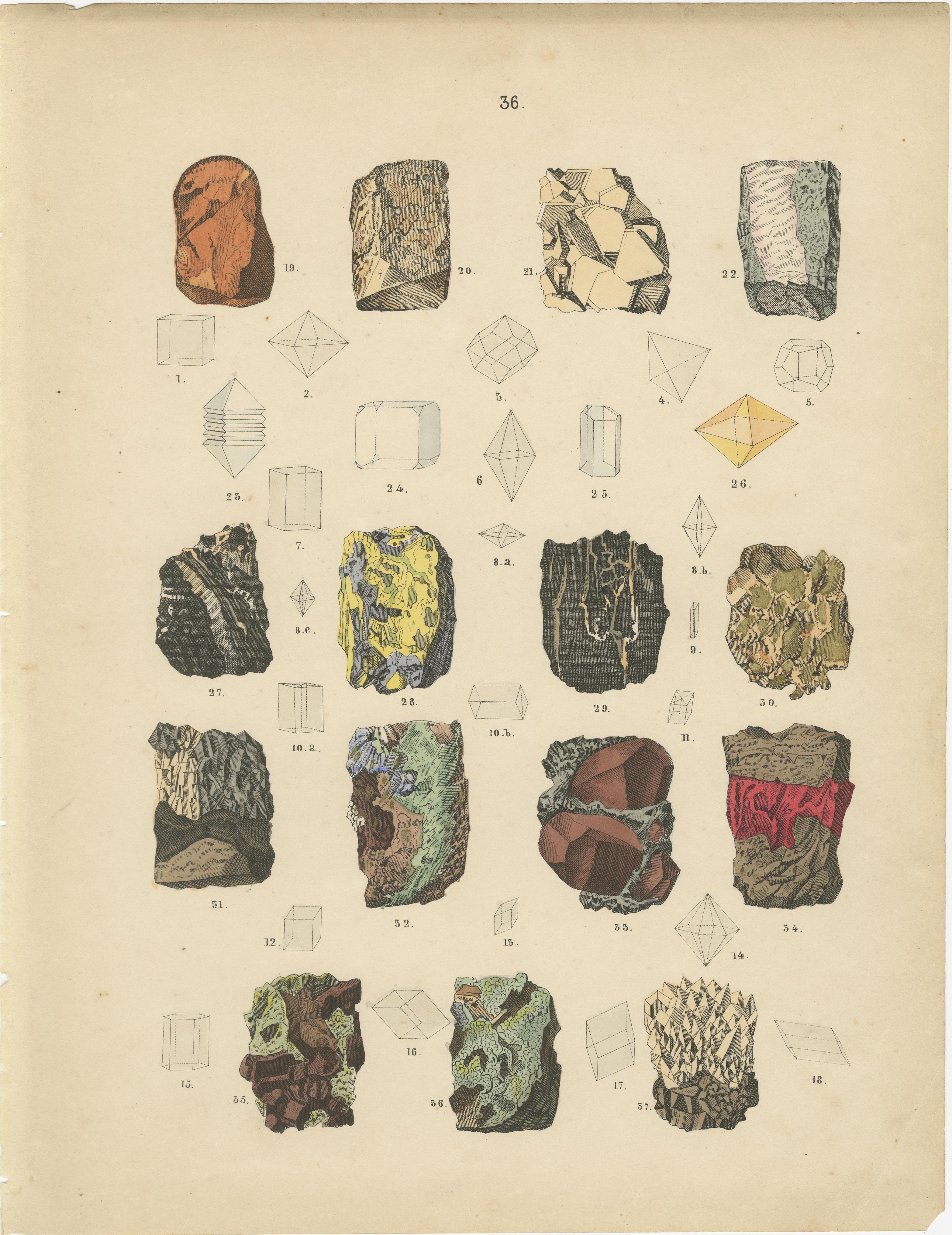 Papier Geology Print of Mineral Forms and Crystal Structures by T Bromme c1865 en vente