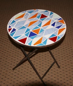 Antique Geometric Multicolored Ceramic Folding Table, Metal Base, 1960