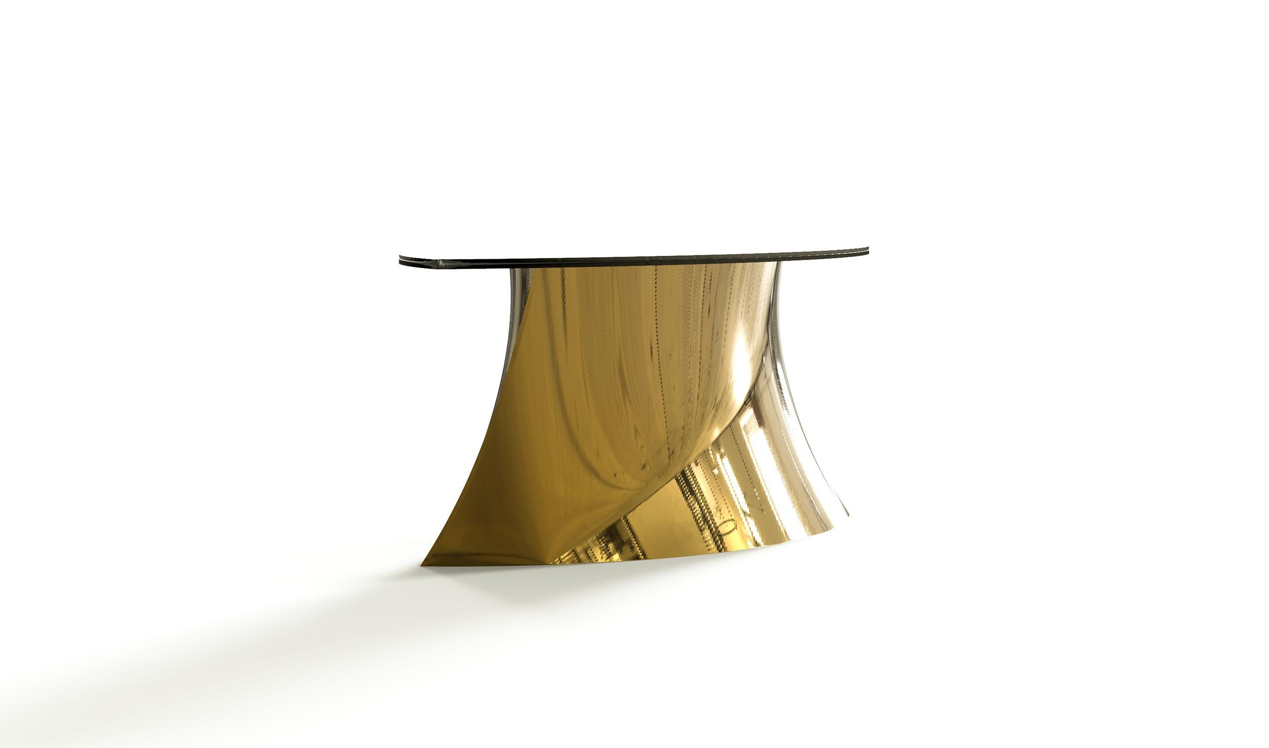 Bronze dining table from the Geometra collection.

Can be customized as a coffee table. Glass not included.



This series of sculptures utilizes highly polished and reflective surfaces, meticulously balanced geometry, and forms which toy with