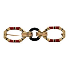 Geometric 14 Karat Yellow Gold Orange & Black Enamel Brooch Pin