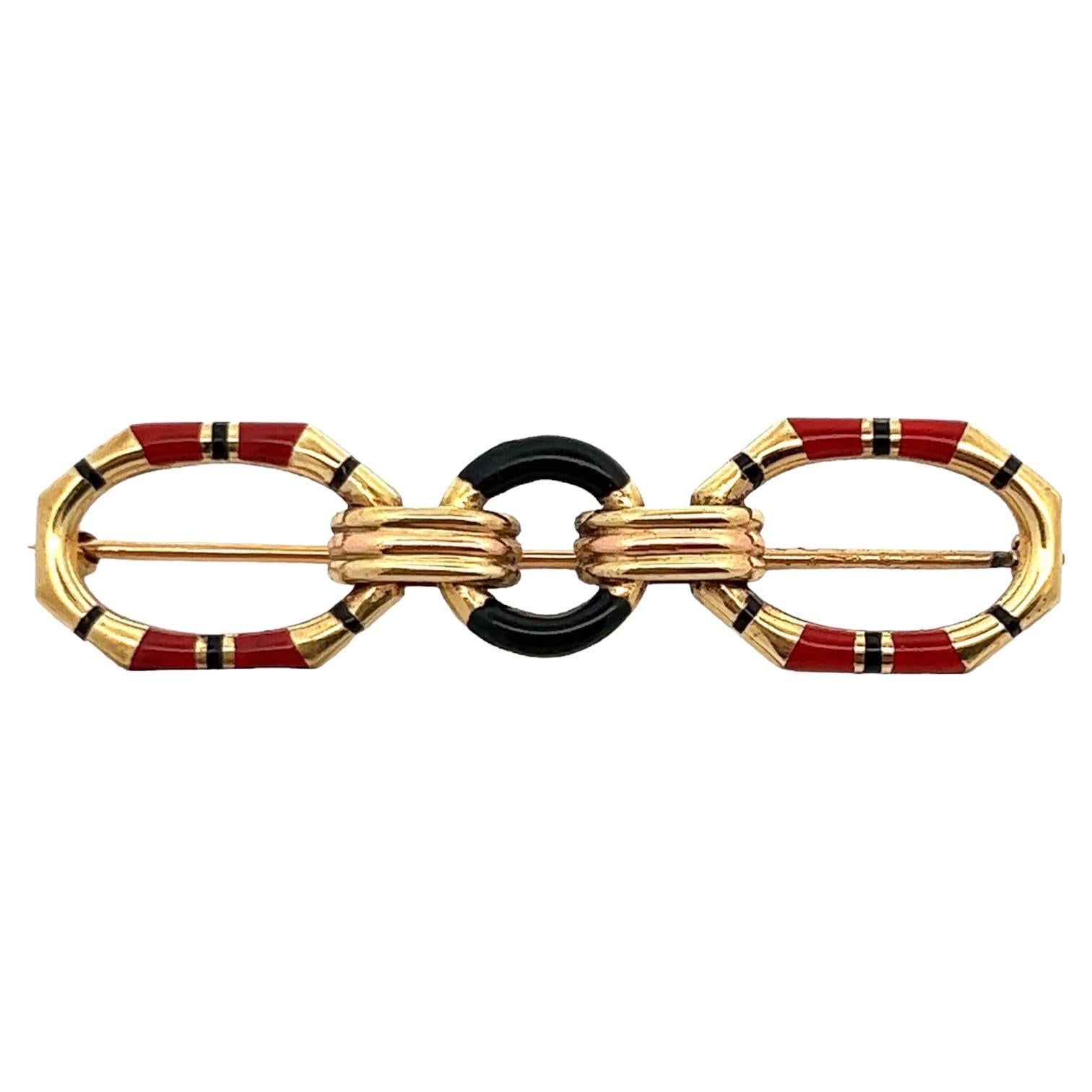 Geometric 14 Karat Yellow Gold Orange & Black Enamel Brooch Pin For Sale