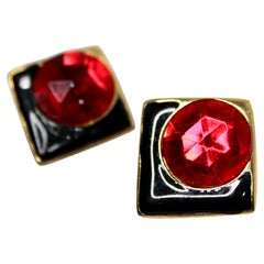 Geometric 14k Gold Plated Black Enamel Ruby Rhinestone Vintage Earrings