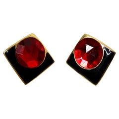 Geometric 14k Gold Plated Black Enamel Ruby Rhinestone Vintage Earrings