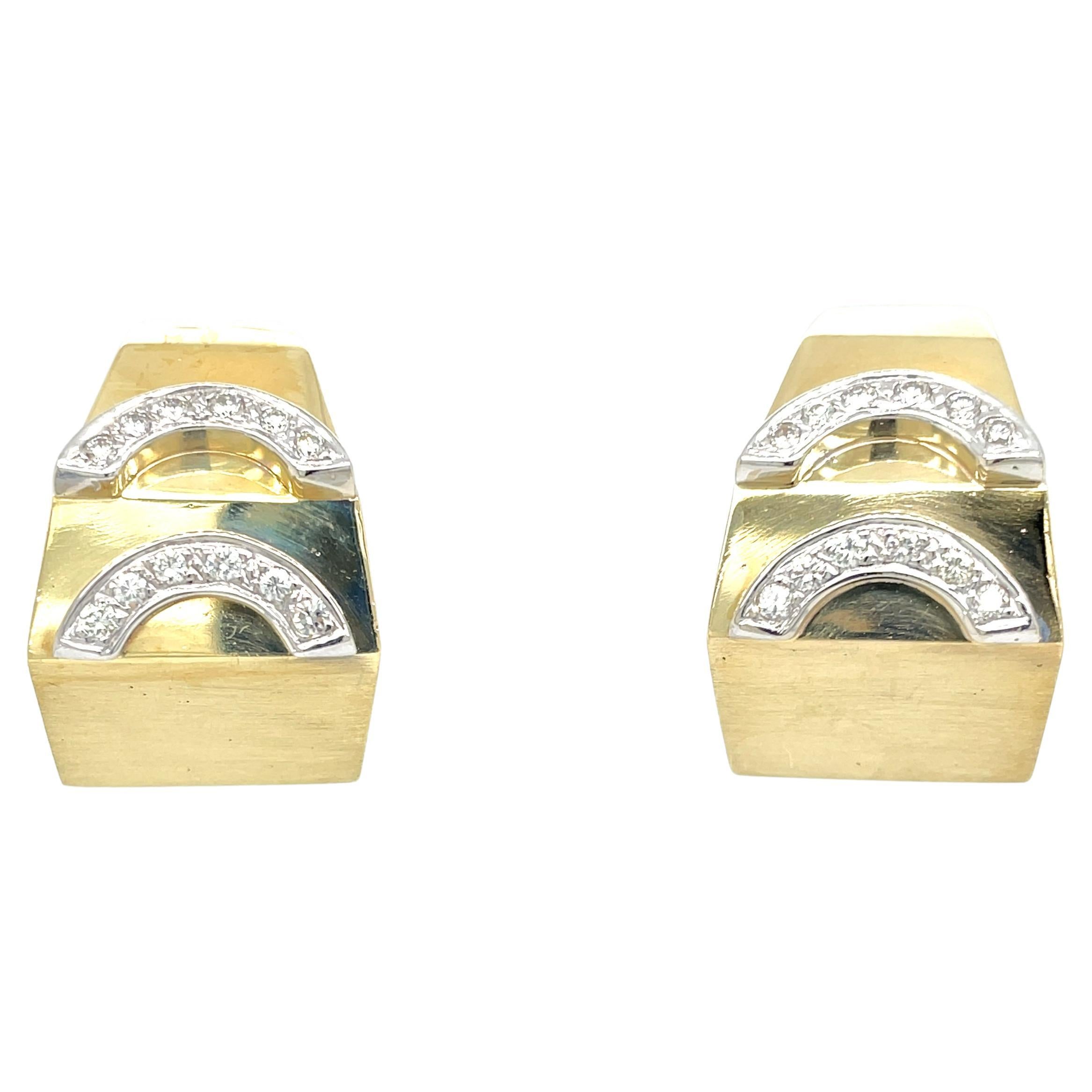 Geometric 14K Yellow Gold Hoop Style Earrings w Diamond Enhancements For Sale