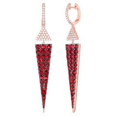 Geometric 14KT Gold Crimson Garnet and Diamond Pyramid Dangle Earrings