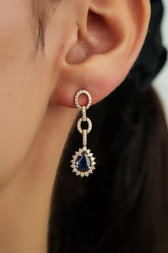 Geometric 1.61ct Blue Sapphire & Diamond Link Drop Earrings in 14K Yellow Gold
