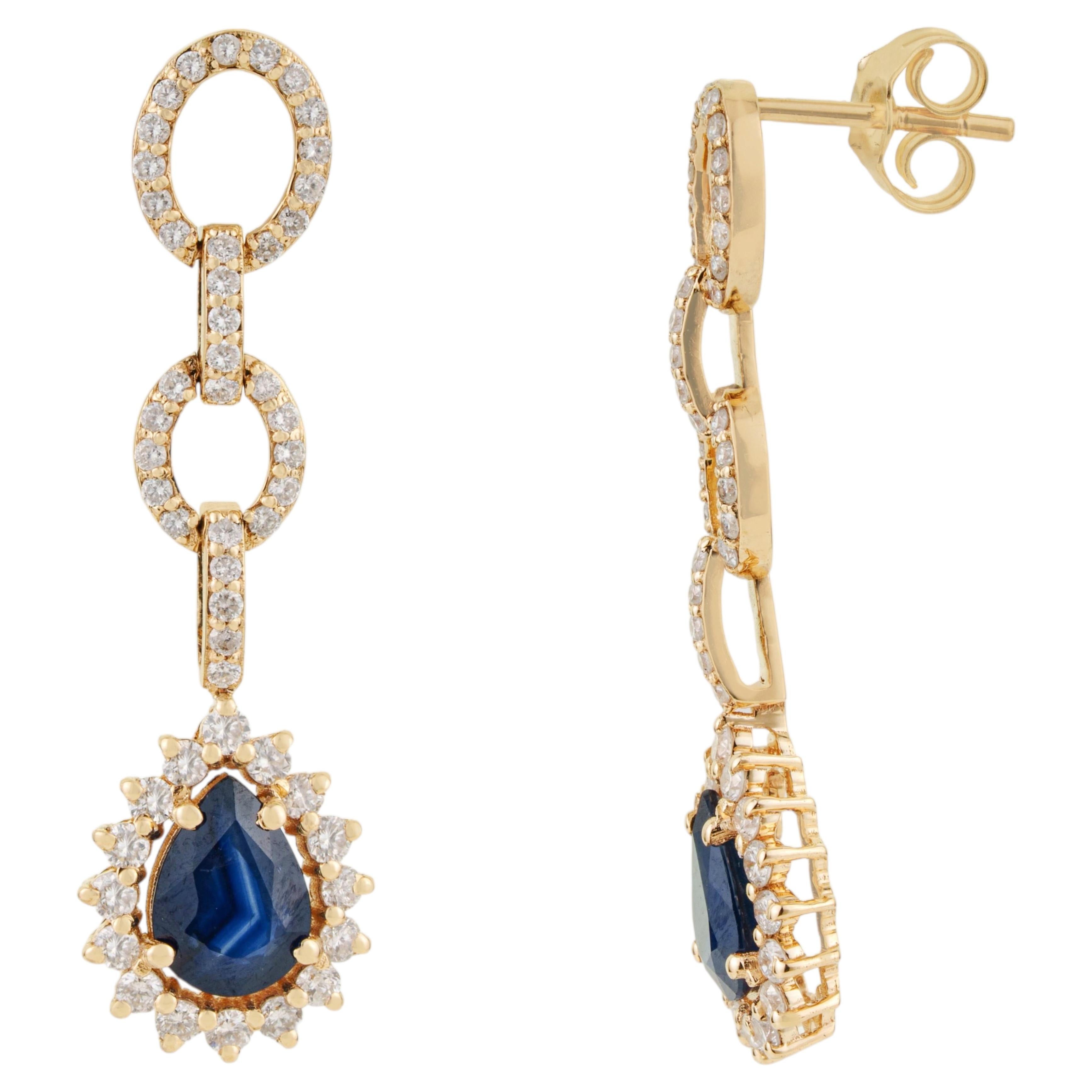 Pendientes de gota geométricos de zafiro azul y diamantes de 1,61 ct en oro amarillo de 14 quilates