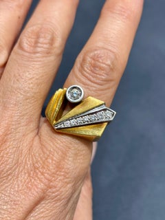 Geometric 18k Yellow Gold and Diamond Ring, Circa 1970 Italy