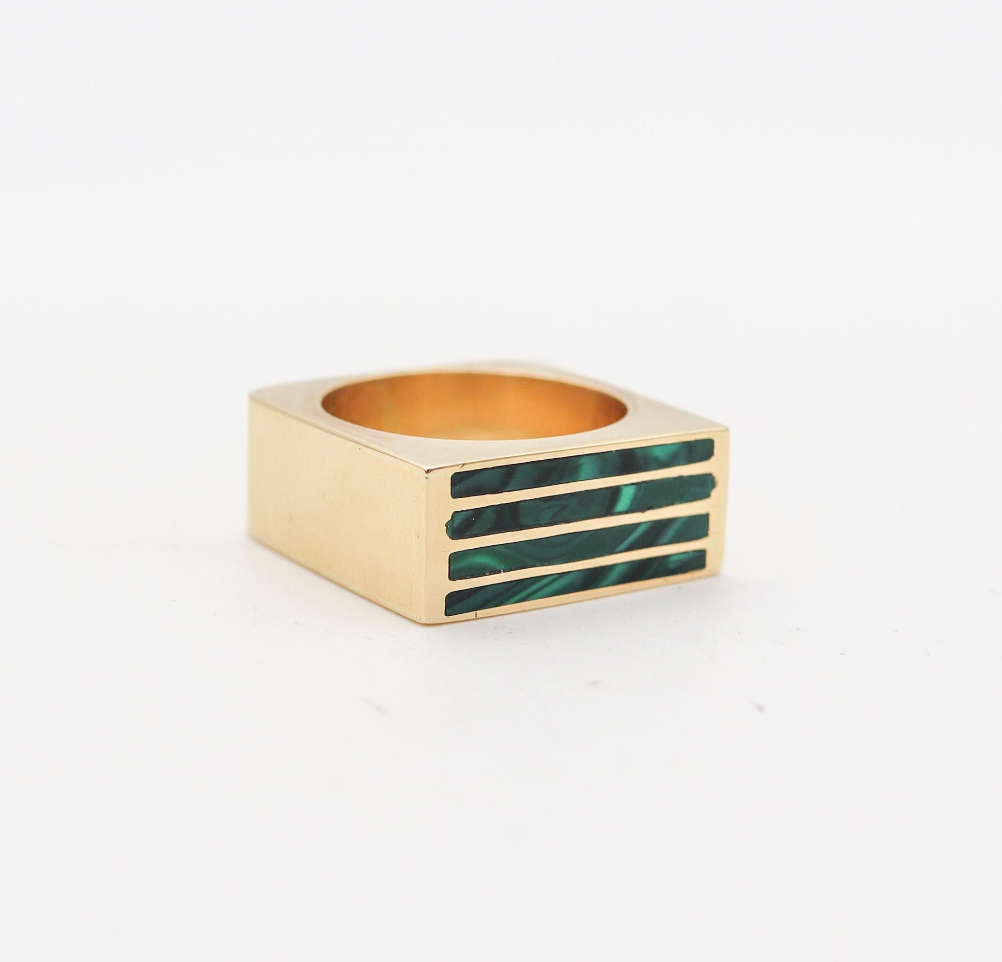 A modernist square geometric ring.

An architectural geometric ring, created in Italy back in the 1970. This unusual squared ring has been made with Bauhaus parameters of the golden rule proportions in mind. It was carefully crafted in solid yellow