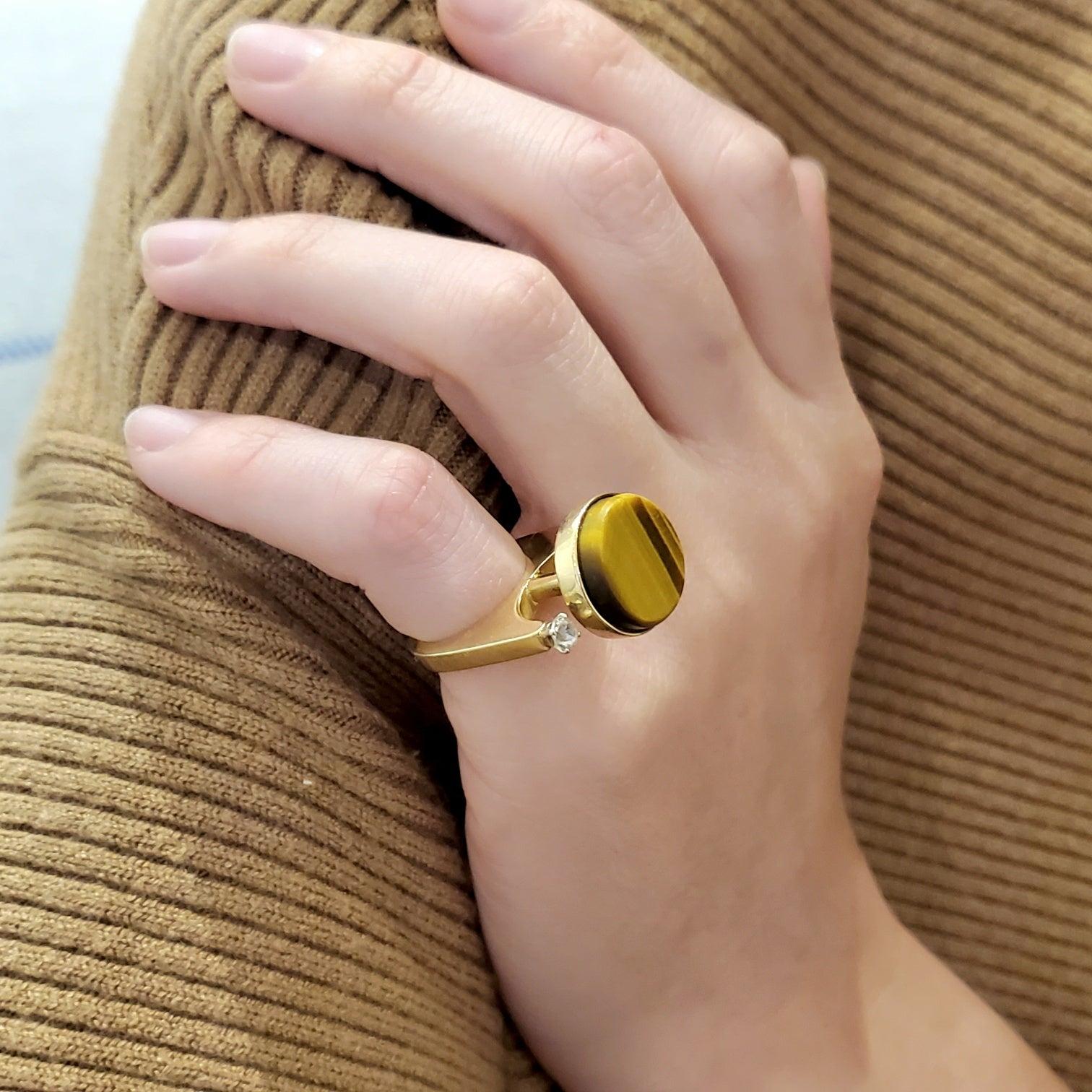 Cabochon GEOMETRIC 1970 Retro Modernist Sculptural Ring 14Kt Gold, Tiger Quartz & Diamond For Sale