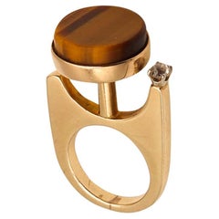 GEOMETRIC 1970, bague sculpturale moderniste en or 14 carats, quartz tigré et diamants