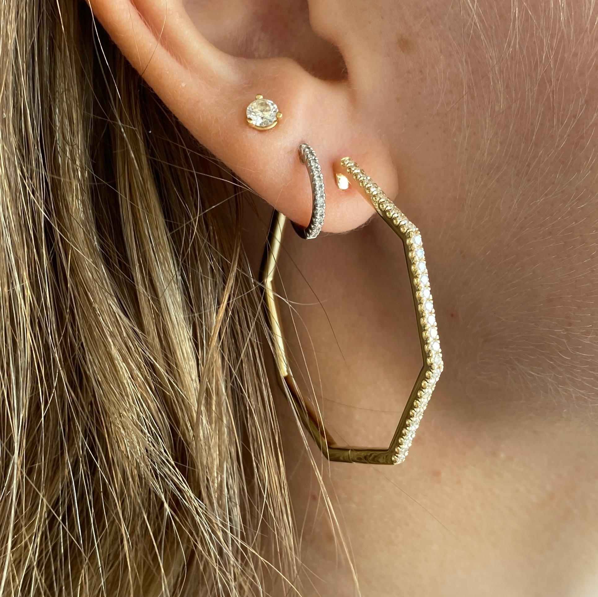 Crisp lines of diamonds sparkle along the front and inside of these lovely large statement hoops. The threaded post ends and backs on these hoops are a fabulous secure upgrade to the standard post options for hoops. Just like the security some love
