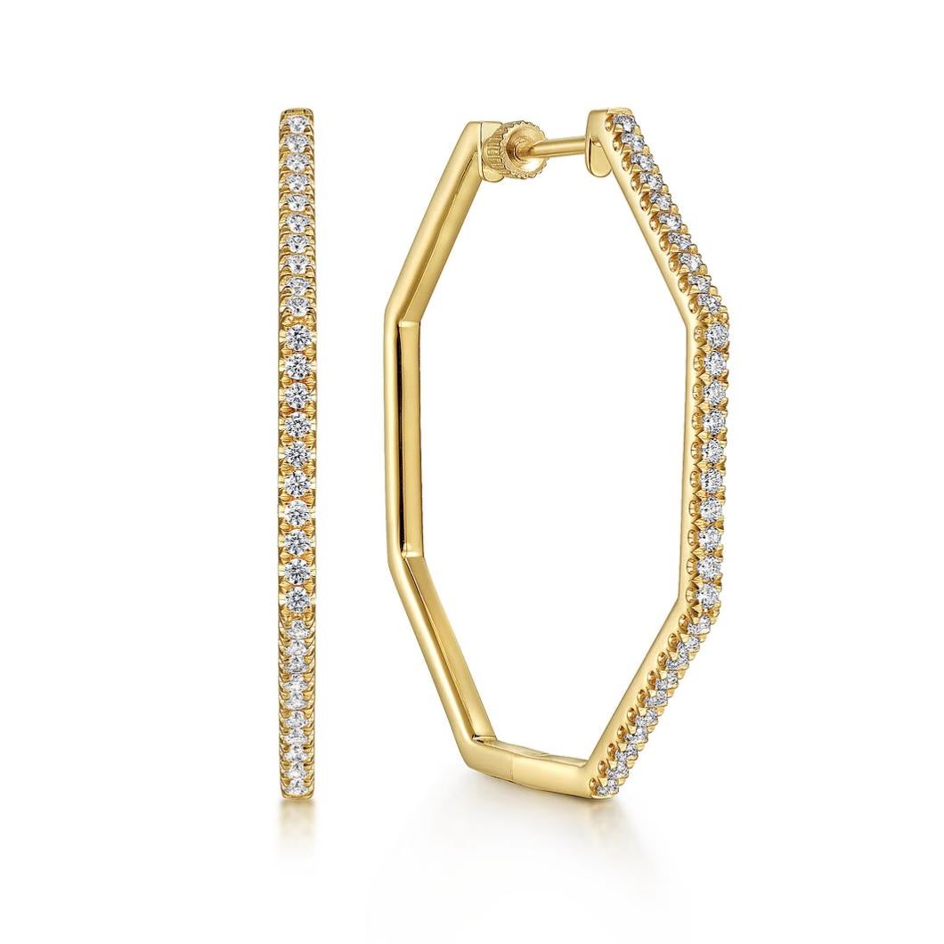 Round Cut Geometric 40mm Octagonal Diamond In & Out Hoop Earrings 14K Gold, EG14516 For Sale