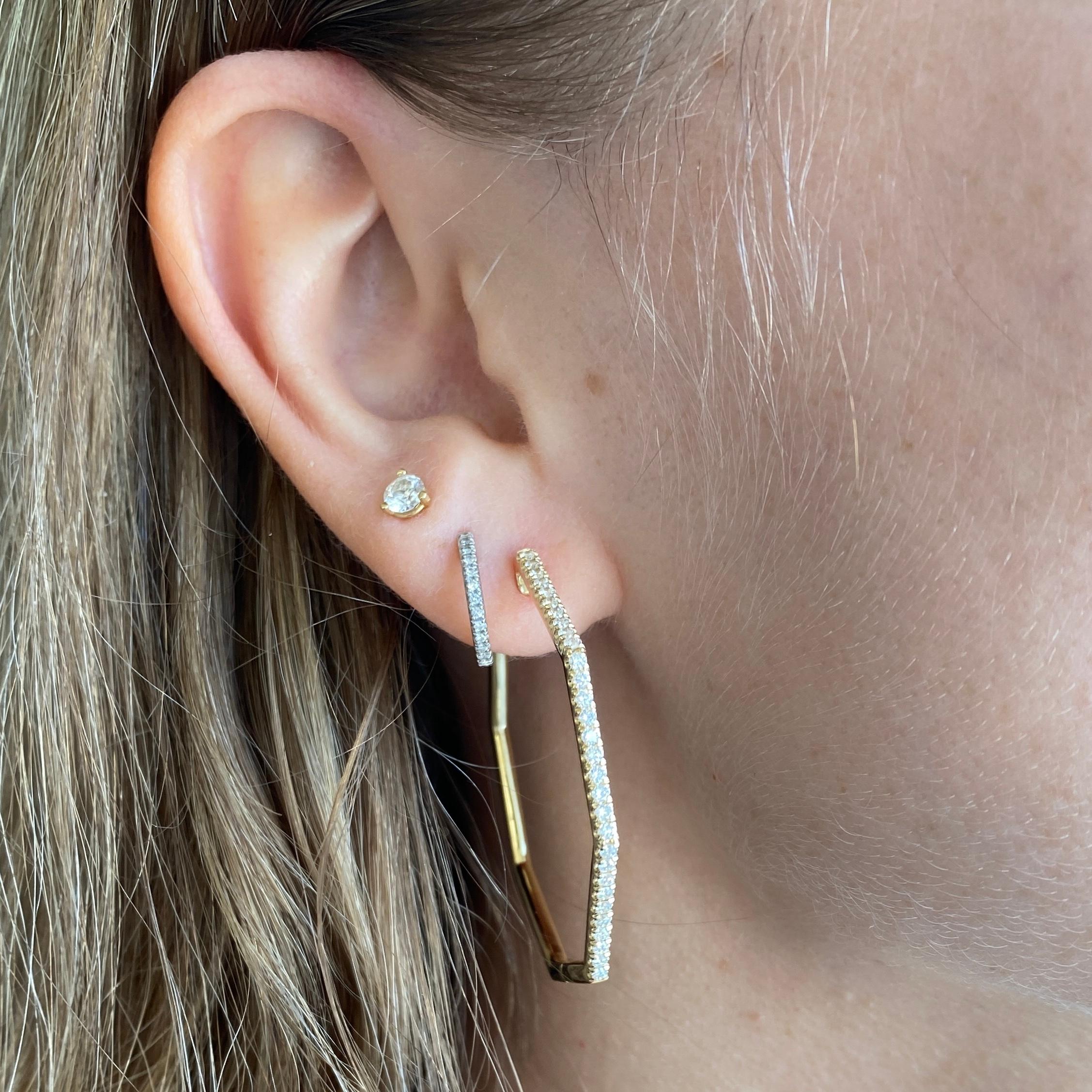 Geometric 40mm Octagonal Diamond In & Out Hoop Earrings 14K Gold, EG14516 In New Condition For Sale In Austin, TX