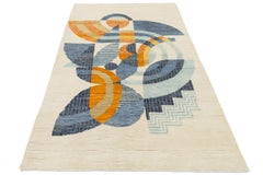 Tappeto geometrico astratto di ispirazione Art Deco 5x8 in lana color crema morbido