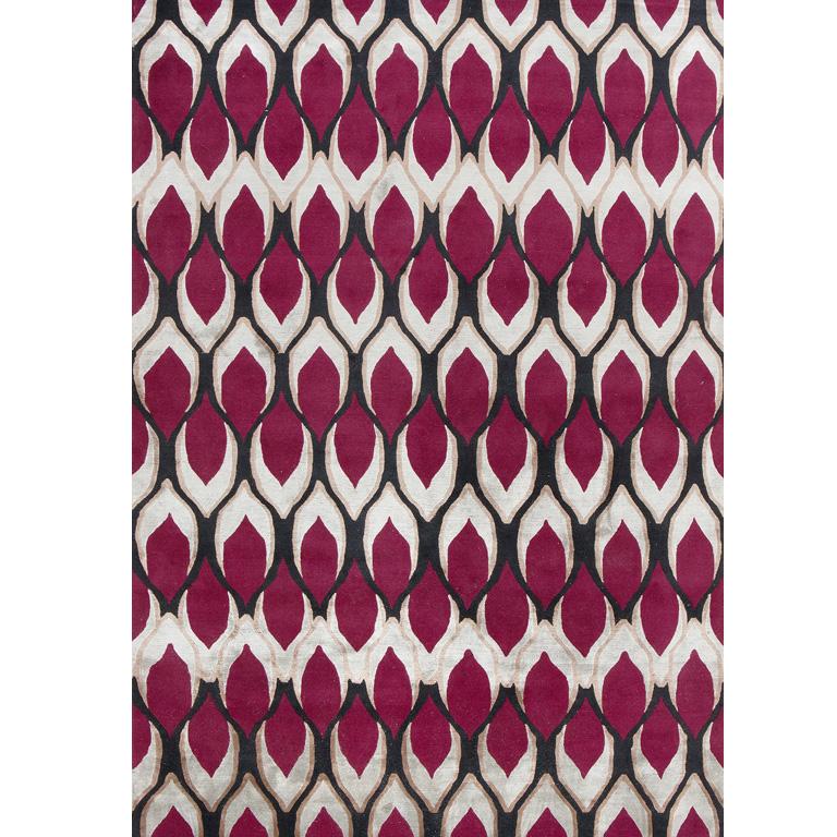 Modern Geometric Abstract Contemporary Area Rug in Red, Handmade Wool, Silk, 
