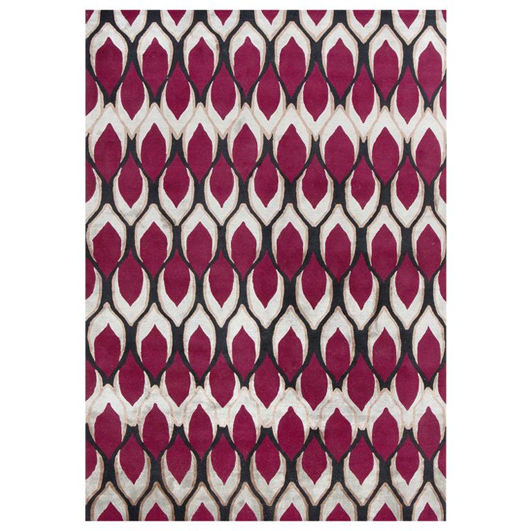 Geometric Abstract Contemporary Area Rug in Red, Handmade Wool, Silk ...