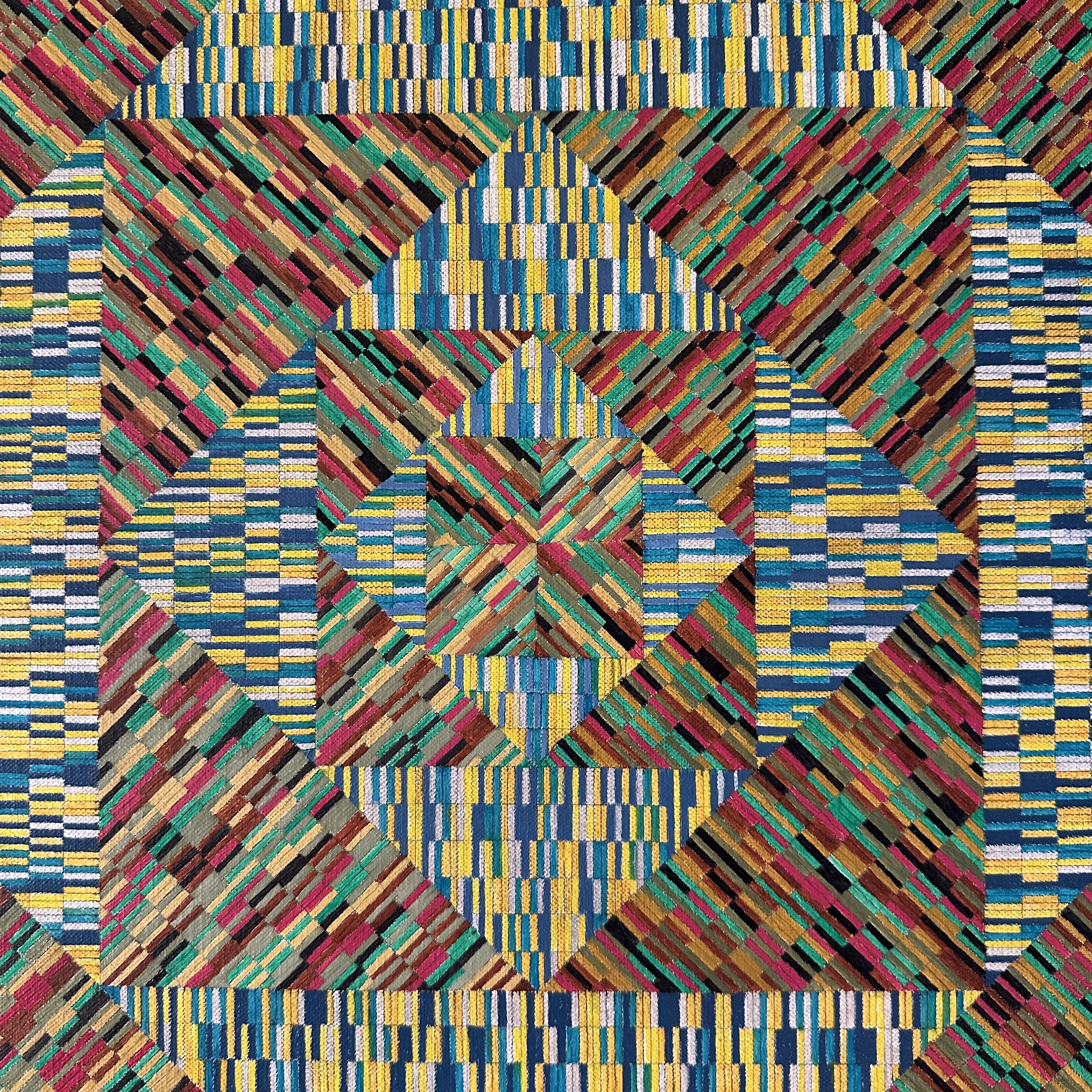 Quadro astratto geometrico dinamico su tela dell'artista olandese Eric Pool 2009 intitolato: 'T.H.E. Typical Heroic Exclusive'. Il motivo geometrico sembra una trapunta o un patchwork di motivi raffinati che ondeggiano verso l'esterno come se