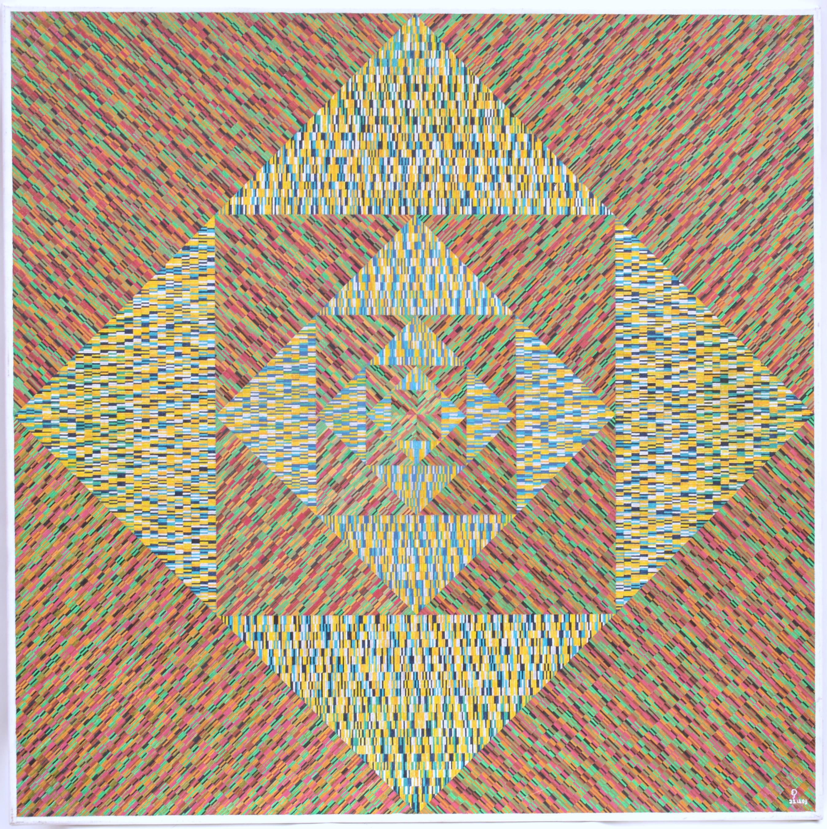 Dynamic geometric abstract painting on canvas by Dutch artist Eric Pool 2009 titled; 'T.H.E. Typical Heroic Exclusive'. The geometric pattern is like a quilt or patchwork of refined patterns that waver outwards as if they are an endless flow of