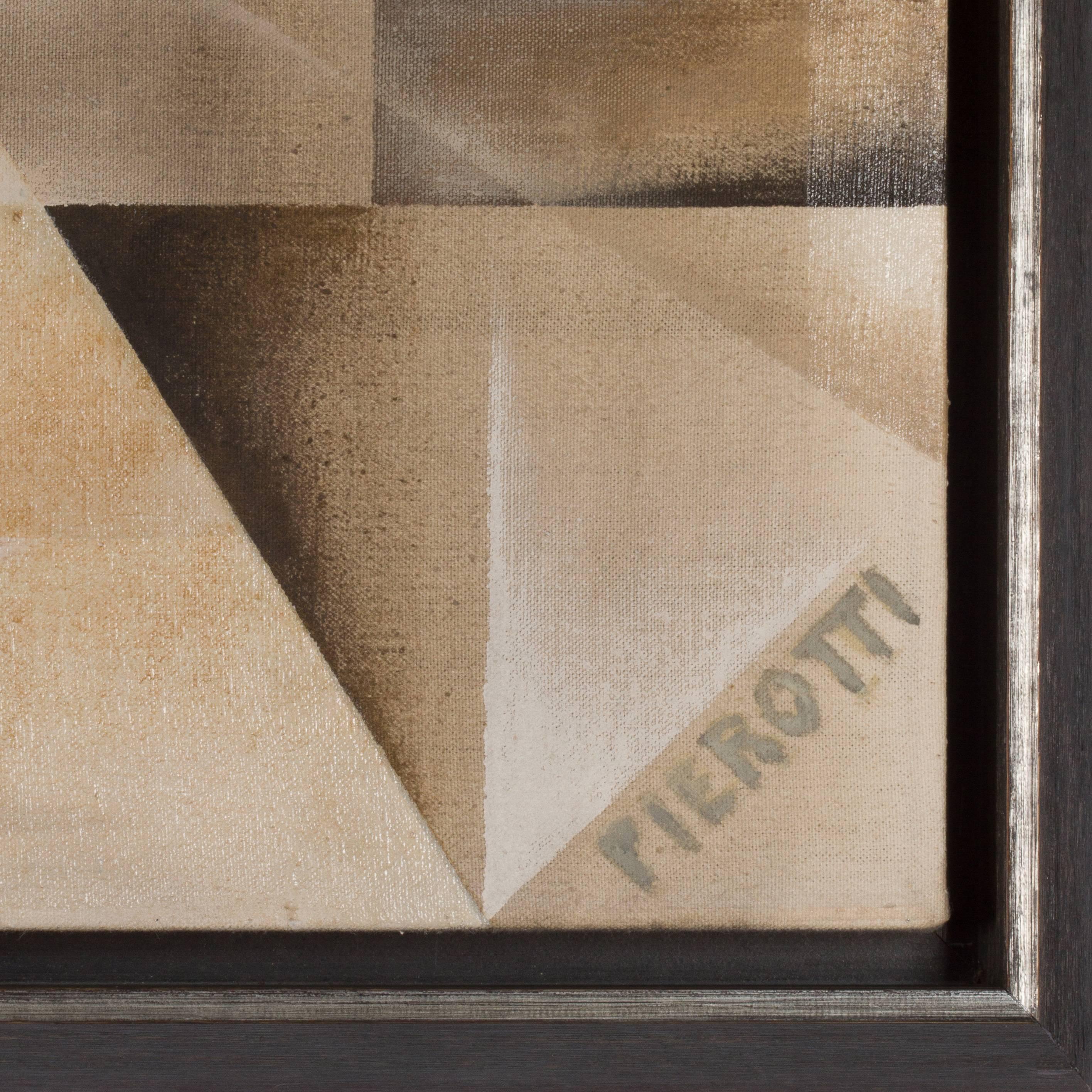 Monumental scale abstract painting by Pierotti, acrylic on canvas, 1980s. Geometric shapes make up the overall design of the piece with shadows creating a three-dimensional quality. Newly framed in a charcoal cerused frame.