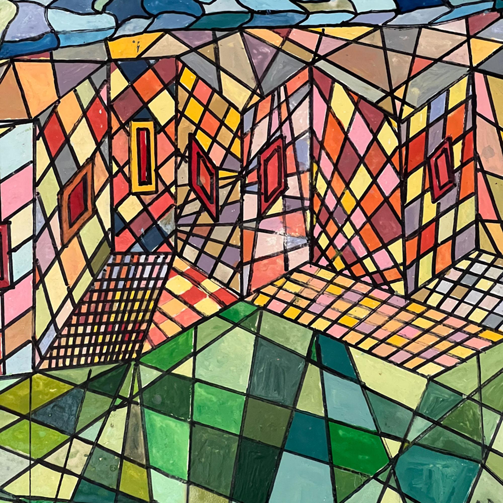 Cette peinture colorée représente une scène de village abstraite dans un style géométrique.

L'élégant cadre 