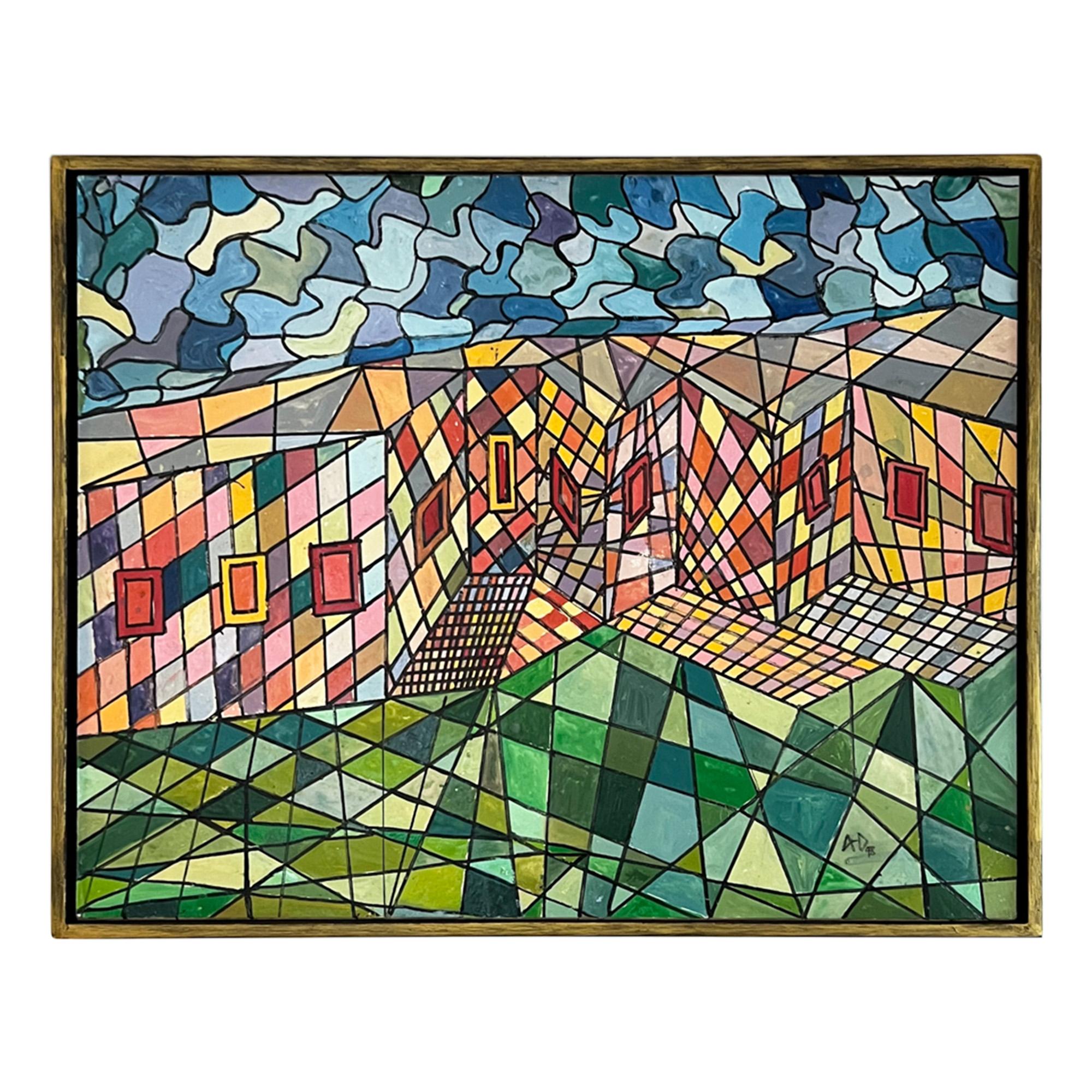 Geometrisches abstraktes Gemälde (Handbemalt) im Angebot