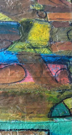 Geometric Abstract Textured Mixed Media Collage Painting on Board, Massanet '03