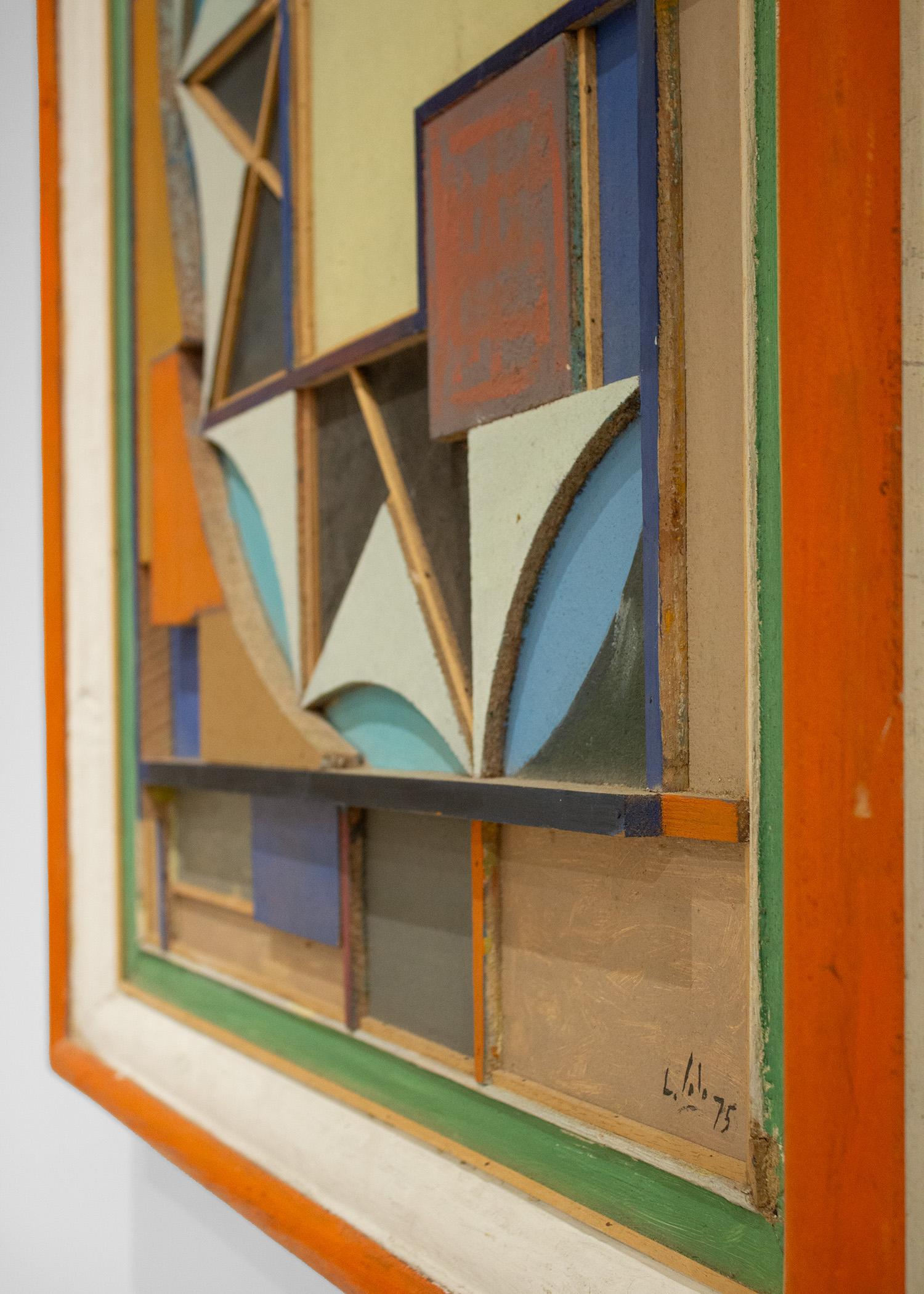 Expressionniste Peinture géométrique à l'acrylique et au Wood Collage 1975 en vente