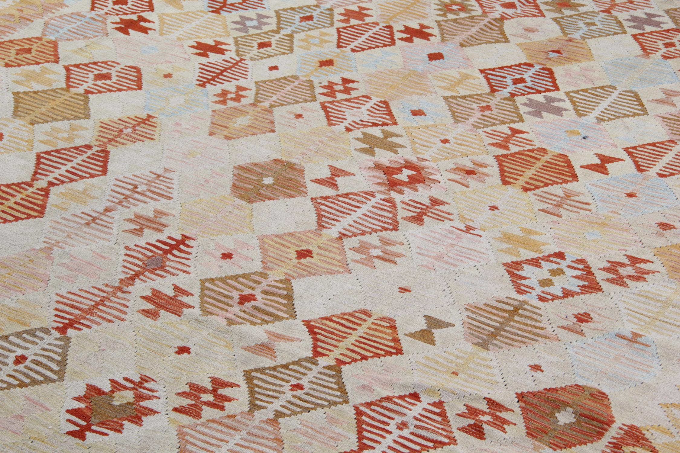 Vegetable Dyed Geometric Afghan Kilim Rug, Beige and Rust Large Area Rug