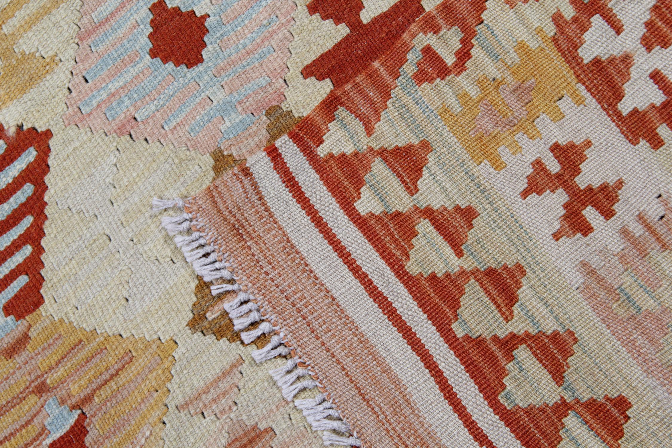 Geometric Afghan Kilim Rug, Beige and Rust Large Area Rug In Excellent Condition In Hampshire, GB