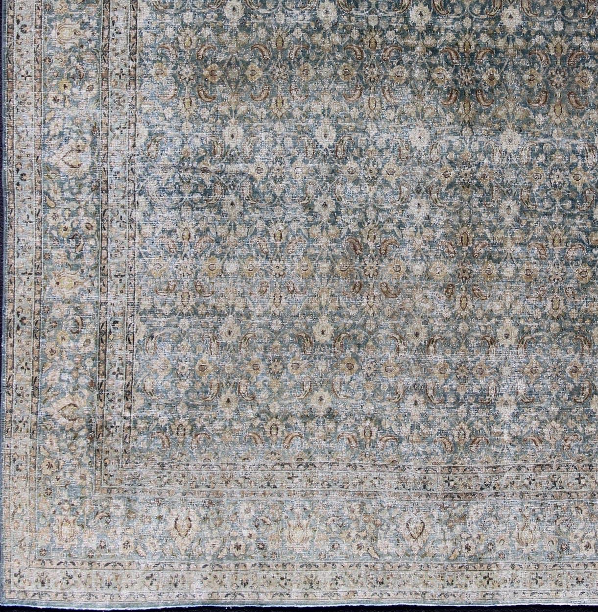 Blue, brown, cream, light green, Gray, light blue, taupe, tan and brown geometric Persian Khorasan rug. Keivan Woven Arts /  rug en-179390, country of origin / type: Iran / Khorasan, circa 1920

Measures: 9'5 x 12'10.

This antique Khorasan carpet