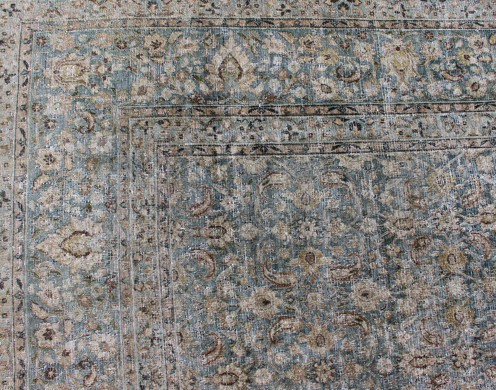 Wool Antique Persian Khorasan Rug with Herati design in Blue, Light Gray & Brown For Sale