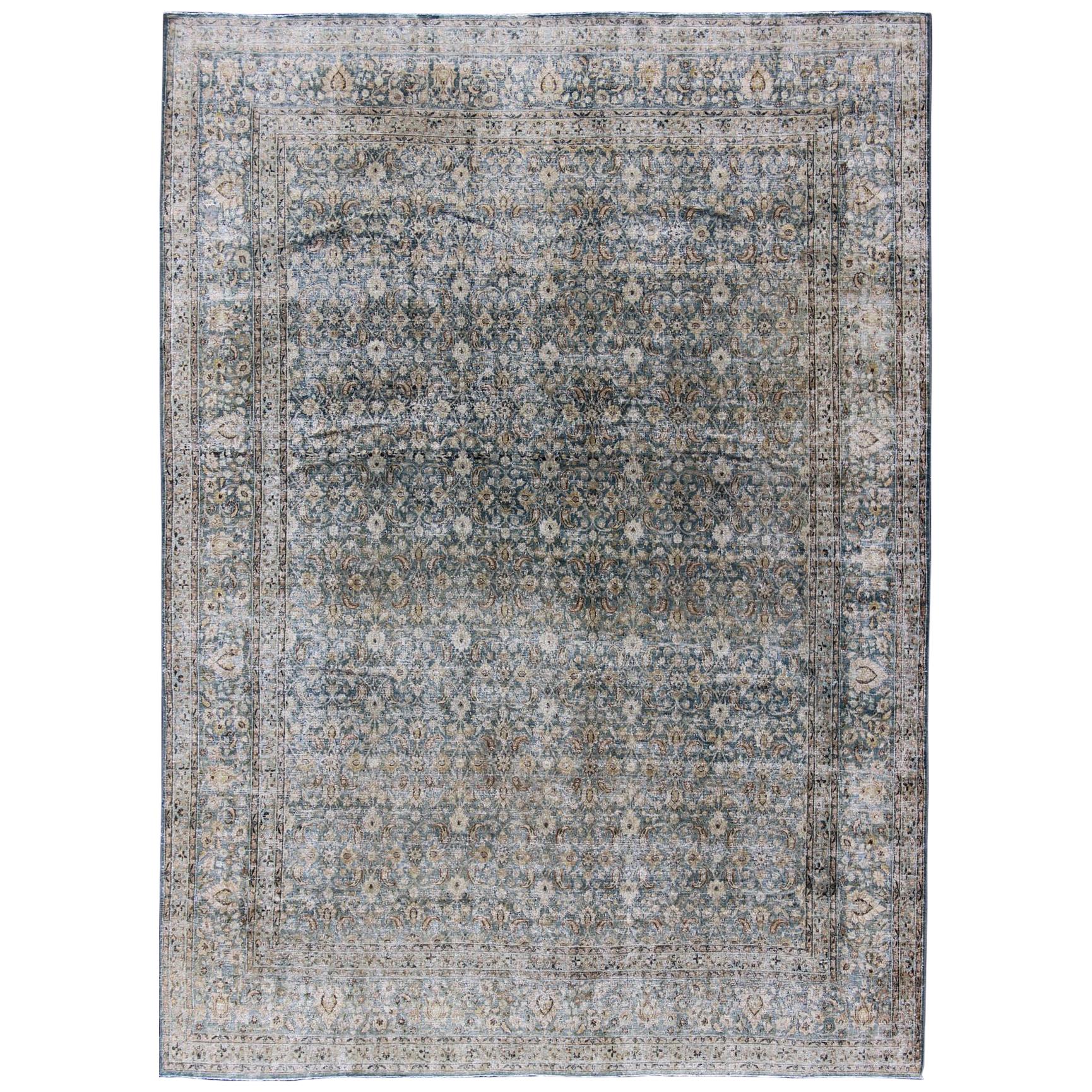 Antique Persian Khorasan Rug with Herati design in Blue, Light Gray & Brown
