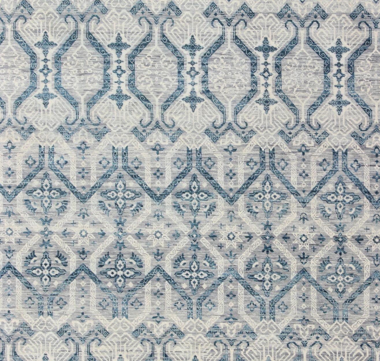Modern Geometric All-Over Transitional Rug in Shades of Blue, Gray & Ivory