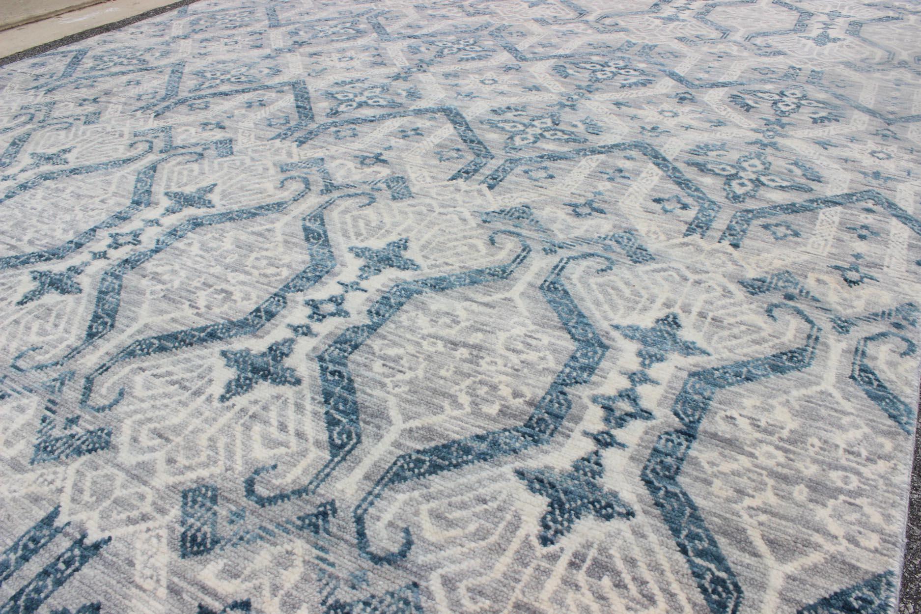 Indian Geometric All-Over Transitional Rug in Shades of Blue, Gray & Ivory For Sale