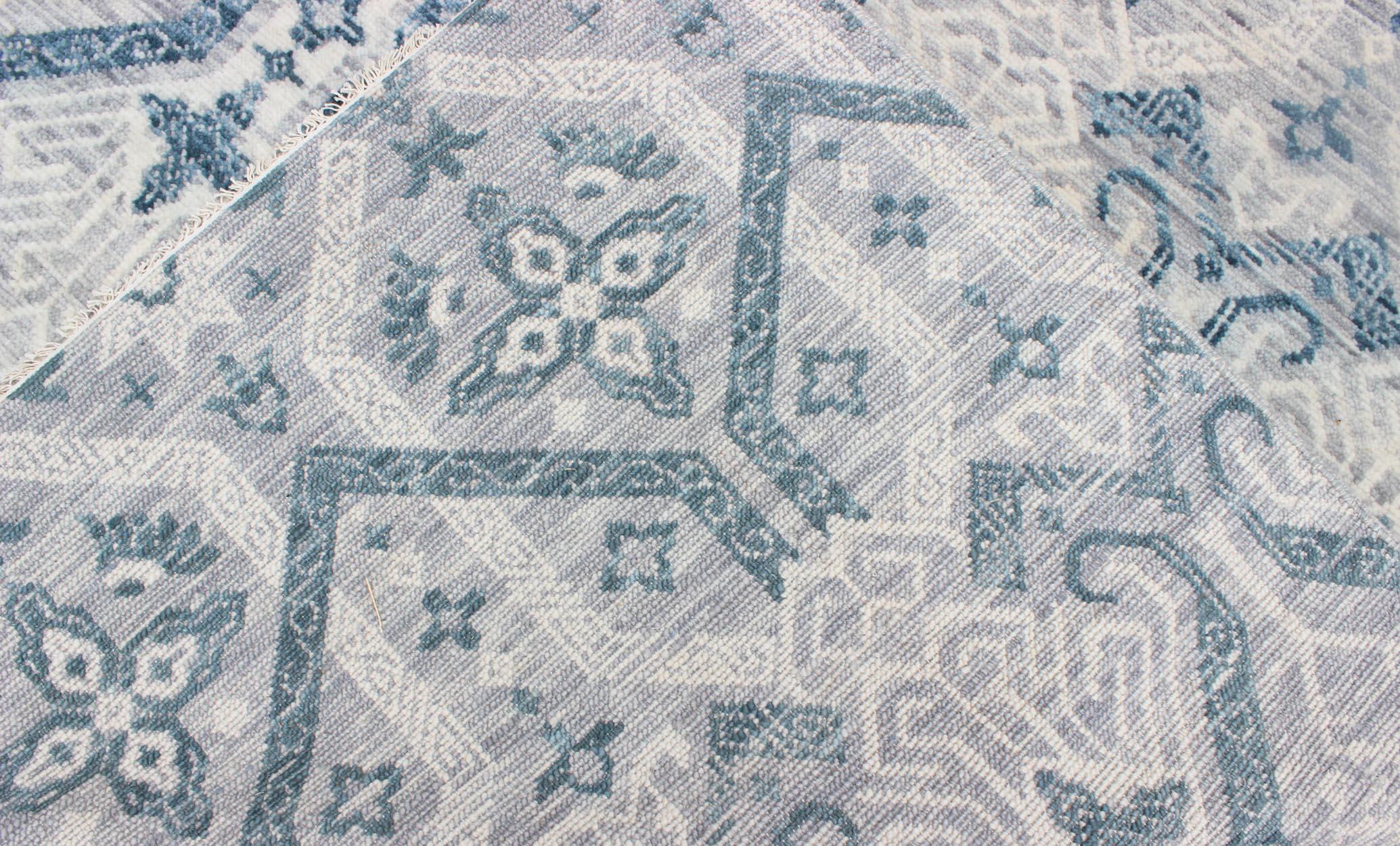 Hand-Knotted Geometric All-Over Transitional Rug in Shades of Blue, Gray & Ivory