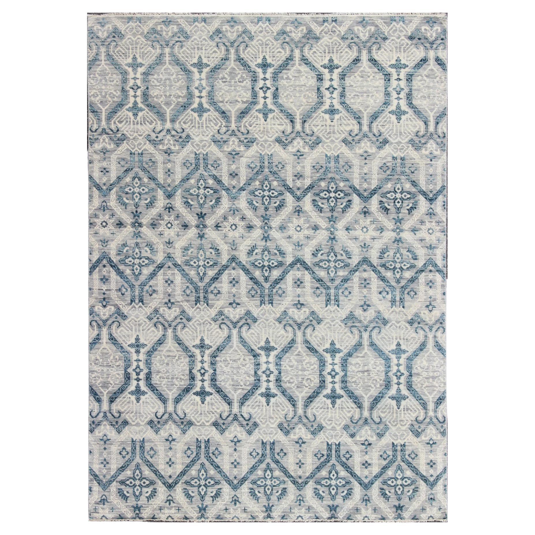 Geometric All-Over Transitional Rug in Shades of Blue, Gray & Ivory
