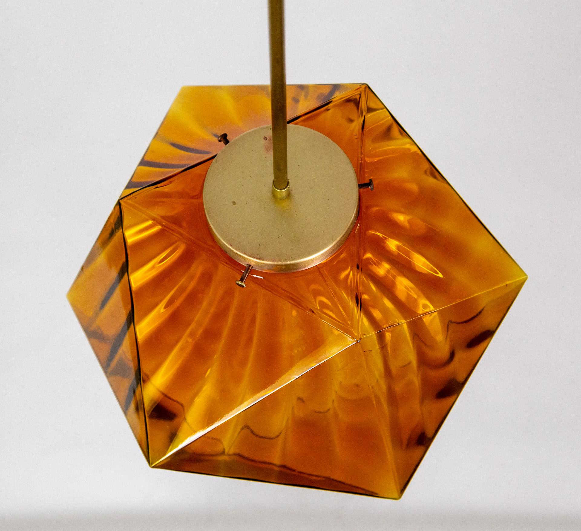 Brass Geometric Amber-Orange Glass Pendant Light For Sale